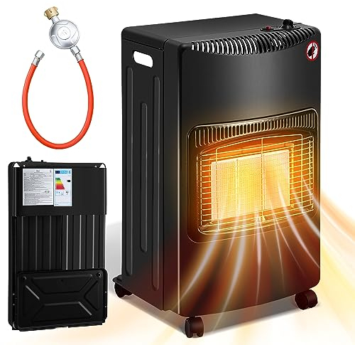 Daromigo Gasheizofen Gasheizer Keramik 4200 Watt, Gas Heizstrahler Flammenausfall-Schutz Gasheizgerät Heizfläche: bis 80 m², Gasheizung Gasofen bis 15 kg Gasflaschen, inkl. Gasdruckregler Gasschlauch