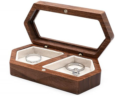 Wood Double Ring Box Jewelry Box Engraved Wooden Ring Holder for 2 Rings Engagement Proposal Wedding Ceremony Ring Bearer Box Valentine's Day Mother's Day Christmas Romantic Gifts for Women Her
