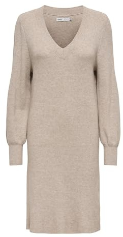 Abito Maglia Donna Lunghezza Midi Scollo a V Maniche a Palloncino Elegante, Colore:Beige, Taglia:S