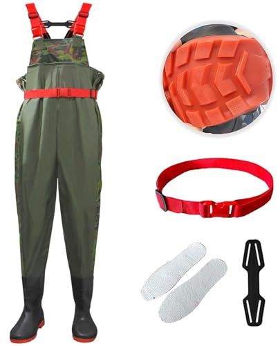 FREGITO Wathose mit Stiefeln, Wathose für Angeln, Jagd, Wathose, Nylon, PVC, wasserdicht, für Fliegenfischen, Wathose für Herren und Damen, Grün, Größe 46