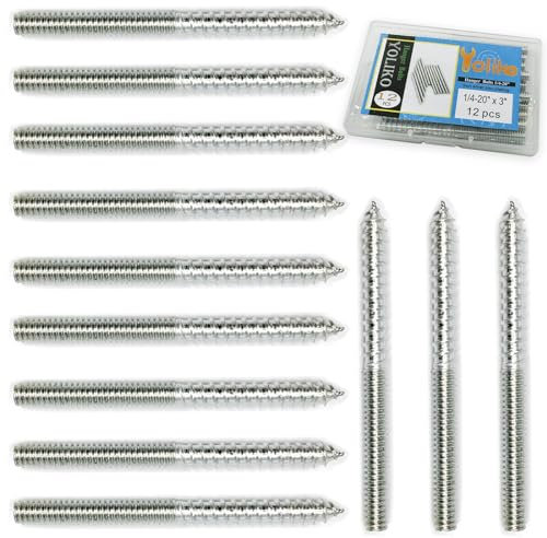 Yoliko 12 Pack 1/4-20 x 3 Inch Silver Hanger Bolts 1/4-20 Double Headed Bolts 1/4 Wood Dowel Screw Self-Tapping Screw Hanger Bolts for Furniture Screws Double Screw Threaded Rods Bolt 75mm Length
