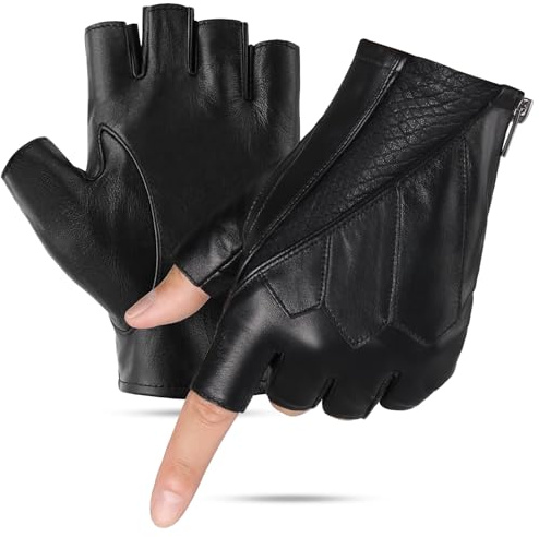 GSG SINCE 1998 Fingerlose Lederhandschuhe Herren ungefüttert | Halbfinger aus spanischem Schafsleder, atmungsaktiv, griffsicher, Metallreißverschluss, Motorrad, Rock-Punk, Samtbeutel