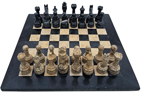 Marmor Schachspiel Schachbrett 16 Zoll/ 36,5 cm inkl. 32er Schachfiguren Farbe schwarz und schwarz und Fossil beige Naturprodukt Handarbeit Geschenkidee