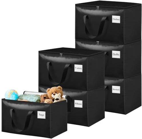 Withosent 100L Aufbewahrungstasche Groß Gewebt, 6er Schwarz Wasserdicht Umzugstaschen mit Reißverschluss und Griff, Alternative zur Umzugskartons, Moving Bags für Bettdecken
