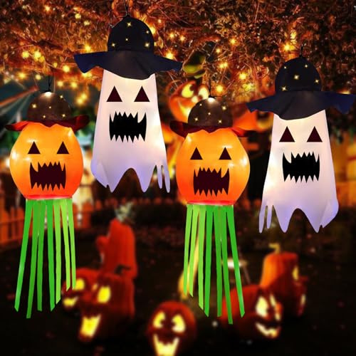 4 Stück Halloween Windsack, Halloween Deko Outdoor Kürbisse Geister Windsack, Flexibles Halloween Windsäcke mit Warmweißen LED Lichtern für Garten Zuhause Hof Terrasse - Schreckliche Party Atmosphäre