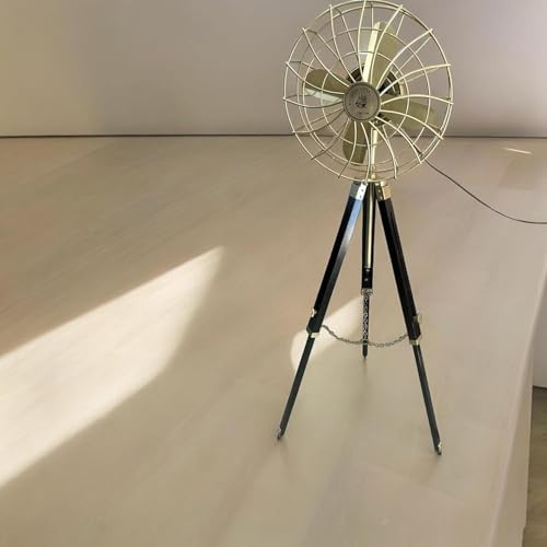 Antique Brass Vintage Reproduction Electric Floor Fan with Adjustable Black Wooden Tripod Stand Royal Navy Nautical Handmade Standing Fan Vintage-Inspired Royal Navy Fan Retro Look