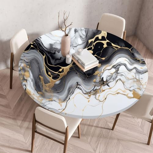 Morbuy Elastische Tischdecke Wasserdicht, Schwarz Serie Marmor Drucken Tischdecke mit Gummizug Rund, Tischdecken Tischtuch Abwischbar Gartentischdecken (Durchmesser 80cm,Schwarz Weiß)