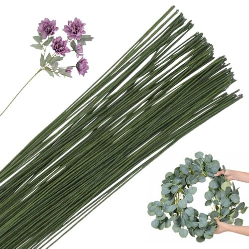POPOYU 100Pcs Floristry Wires 0.5mm Paper Covered Wire,40CM FloristWire Stems for Flower Arranging Accessories,CraftWire Bouquet Wires for Garland Wreath Making,Flower Arranging Supplies(Dark green)