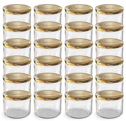 Oputec 24 x 282 ml Einmachgläser mit Schraubdeckel Gold – Perfekt für Marmeladen, Konfitüren und mehr, kleine Gläser mit Deckel, ideal als Marmeladengläser und Dip-Schraubgläser