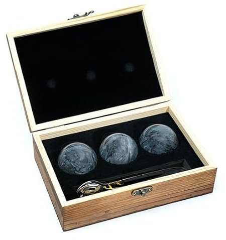 B'ROCKS Premium Kühlsteine | Whisky Steine Set | Geschenkset 3 Granit Steinkugeln 5cm Ø mit Zange | Elegante Holzkiste | Wiederverwendbar | Barzubehör | Whisky on The Rocks