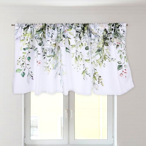 Psyqtsuary Sage Green Eucalyptus Curtain Valance for Windows Berry Branch Plant Curtains Valances Short Panels Watercolor Eucalyptus Leaves Retro Window Treatment Topper Curtains, 1 Panel 54 x 18 In