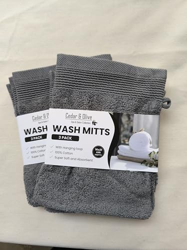 Cedar & Olive 6 x 100% Cotton Face Mitts Wash Mitts Absorbent Flannel Premium Quality. Slate