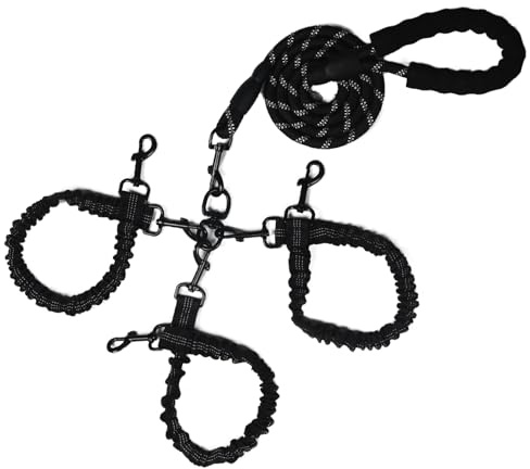 Doppelleine für Hunde, Seil, Bungee, DREI Leine mit gepolstertem Griff, abnehmbar für 3 Hunde, verhedderungsfrei, gepolsterte Griffe, 360°-Drehgelenk, Schwarz, 3-Wege