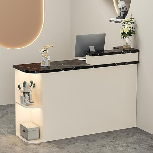 Moderne Empfangstheke mit Schließfächern und LED-Lichtern, ideal für Bekleidungsgeschäft oder Home-Office-Lobby (weißes Steinmuster/Schwarz)