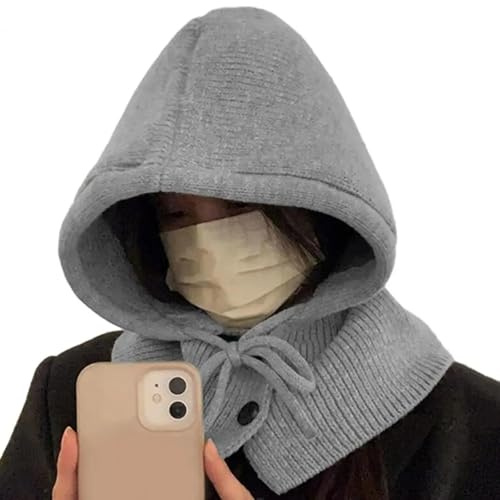 YUECIBAI Fliegermützen Frauen Hut Schal Set Mit Kordel Zug Slouchy Warm Kapuzen Schal Strick Pullover Hut Kostüm Zubehör Grau