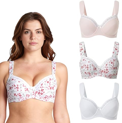 Curve Muse - Soutien-Gorge à Armatures Grande Taille pour Femmes, Non doublé, Soutien-Gorge Balconnet en Coton avec-Paquet de 3-Pink,White,White Print-95B