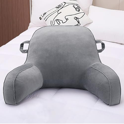 Reading Pillow, Cuddle Cushion Back Support Pillow for Sitting in Bed, Chair and Couch, Reading Cushion for Adults, Teens, College Dorm, Backrest Pillow with Pockets and Velvet Removable Cover (Gray)