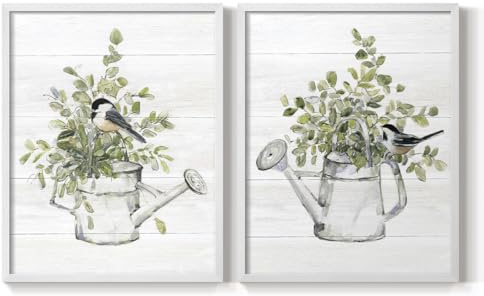 Renditions Gallery Set of 2 Peel & Stick Framed Prints, Garden Wall Art, Vintage Watering Can with Bird Wall Decor, Re-Stickable - Ready to Hang - 22x28 - White Frame LT590