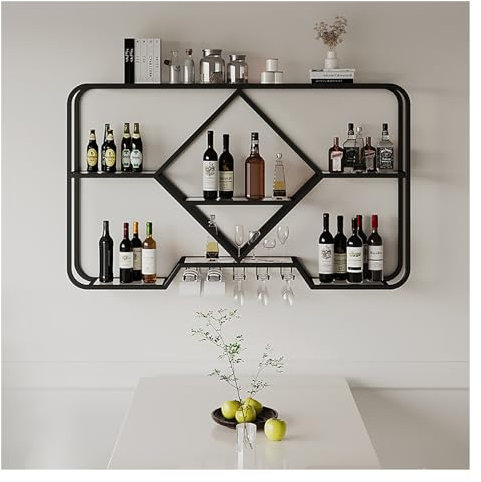 Soporte de vino de pared con soporte de copa de vino, estante de bar flotante para vitrina de vino, almacenamiento de exhibición de vaso de pie colgante con luz LED, soporte para botellas de armario