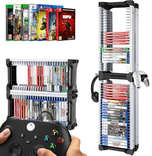 Niciksty spel storn för PS5, videospel skivhylla för PS4, Xbox Series X, Switch-spel och Blu-Ray-skivor, rymmer 46 stycken spelskivor, innehåller 2 hörlursfästen
