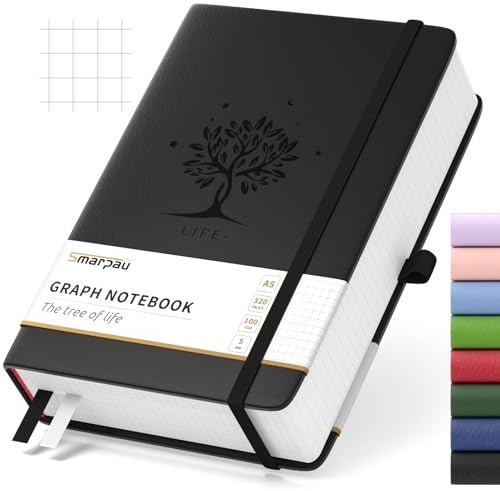 Smarpau Notizbuch A5 Kariert, Hardcover Journal, 100gsm 320 Seiten Papier | Leder Tagebuch, Notizblock für Erwachsene Arbeit, Schreiben, Notizen, Lernen, Reisen, 14.5 x 21 cm-Schwarz