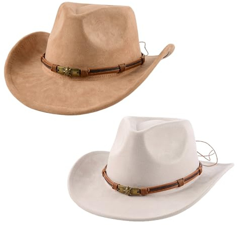 Cowboy Hat for Men and Women Wide Brim Outdoor Faux Suede Hat 2 Pack Classic Beige and Camel Cowboy Hats with Metal Skull Braided Band Perfect for Western Theme Parties Fashion Gifts