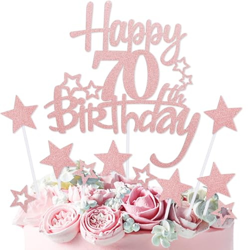 mciskin Rose Gold Happy 70th Birthday Cake Toppers,70th Birthday Decorations for Women,Personalised Cake Topper Rose Gold Glitter Star Cupcake Toppers for Girls Women Party Decorations Supplies