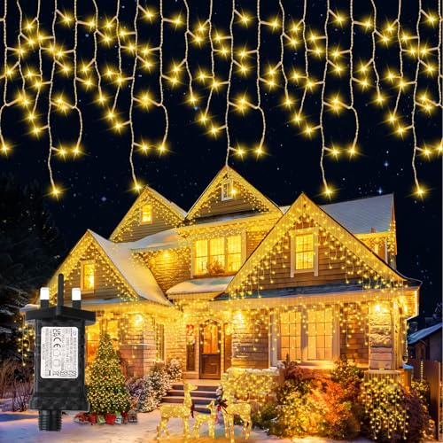 Tenda Luminosa Esterno 6,4+5M Luci Natale Esterno 200LED Decorazioni Casa Luci di Natale da Esterno Cascata 8 Modalità IP65 Impermeabile Luci Stalattiti per Balcone Tetto Giardino - Bianco Caldo