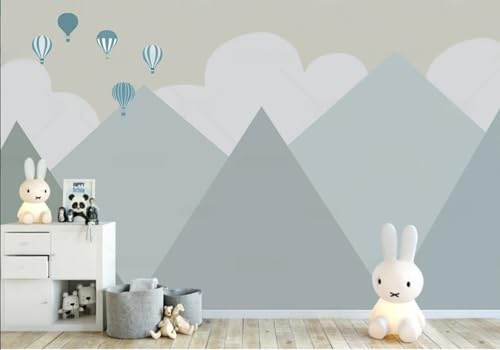 skdhlifpj Fototapete 3d effekt Kinder Geometrie Berggipfel 300cmx210cm | Schlafzimmer Wohnzimmer Cartoon Weiße Wolken Heißluftballon Junge Kinderzimmer Wandbelag, Wandbild, Wanddeko