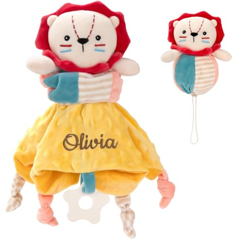 SIMYJOY Schnuffeltuch Baby Schmusetuch mit Namen Greifender Ball Personalisiert Babydecke Babygeschenke für Neugeborene Gelber Löwe