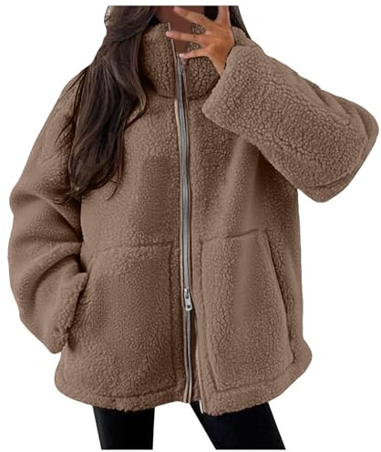 Generisch Fleecejacke Damen Teddyjacke Dicke Teddyfleece Jacke Teddy Mantel Freizeit Zwei Wege Reißverschluss Wintermantel Einfarbig Winterjacke Warm Plüschjacke mit Taschen (01-Coffee, M)
