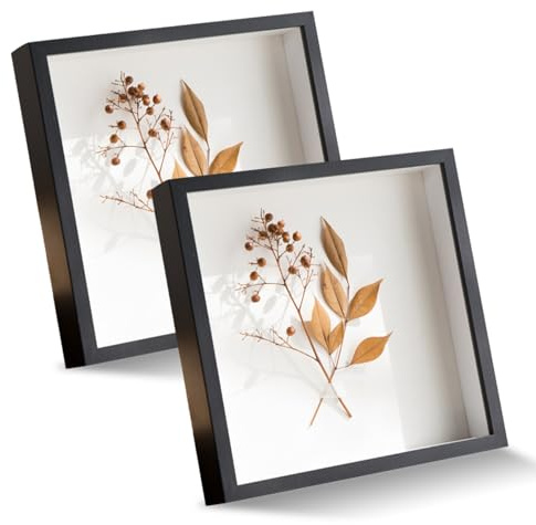 2 marcos de fotos 3D para rellenar, 23 x 23 cm, marco de fotos profundo 3D marco de madera de hasta 3 cm, marco profundo para objetos, flores, salón y oficina (negro)