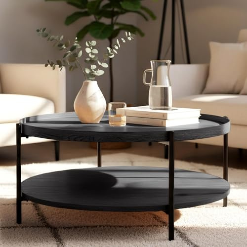 CLP Mesa de Centro Redonda de Madera Corbitan, mesita de salón de 2 Niveles con Almacenamiento, Estructura de Metal Negro pequeña, Color:Gris, Tamaño:Ø 80 cm
