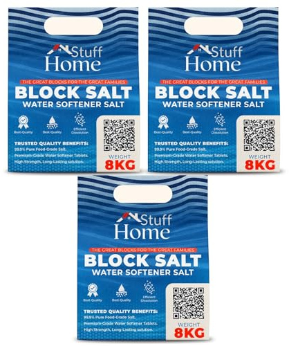 Home Stuff Dishwasher Salt Blocks – 3 Pack (24 kg Total) – Premium High-Purity Salt for Soft Water, Limescale Protection & Sparkling Cleaning – Compatible with All Dishwashers