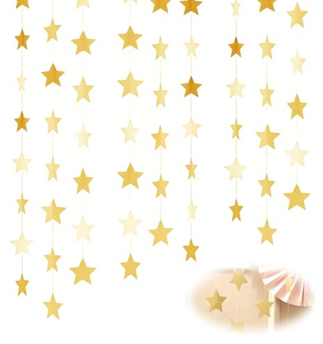 6 Sternengirlande Gold 4m Spiegelnde Papier Sterne Deko Hochzeit Party | Hängende girlande festlich, doppelseitige glitzer funkelnd, weihnachten geburtstag feier, dekoration hängend, glanz