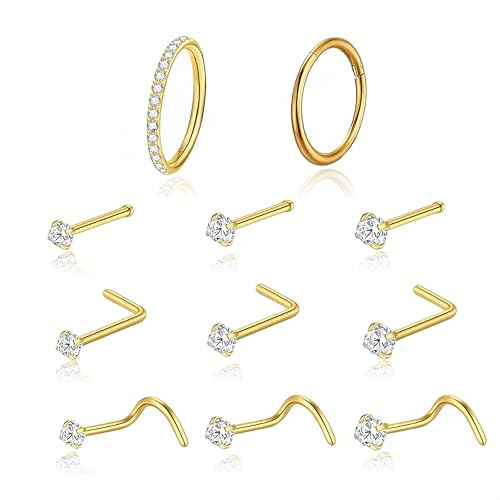 Suupii 11 Pcs Nose Stud Gold Set, Multiple Styles Gold Nose Ring Piercing Jewellery, Straight Shape L Shape Corkscrew Noses Stud, Noses Ring Golds For Women Suitable For Daily And Party Wear