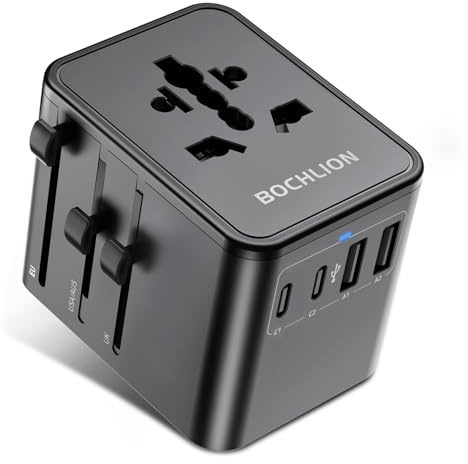 Adaptador Enchufe Universal, BOCHLION Adaptador de Viaje con 2 USB-C＆ 2 USB-A, NO Un Convertidor de Tensión, para EU, Reino Unido, Americano, Australia, Canadá, & 200+ País (Negro)