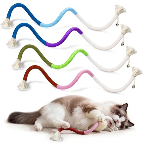 AGYM 4er-Pack interaktives Katzen-Kauseilspielzeug, handgewebte Baumwollstäbchen mit Glöckchen, Robustes Zahnreinigungs- und Beißspielzeug für Wohnungskatzen und Kätzchen
