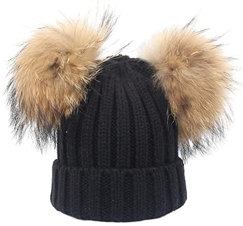 feifanshop Damen Unisex Wolle Mütze Strickmütze Fellbommel Groß Waschbär Fell Pelz Bommel Strick Mütze Winter-Mütze Bommelmütze