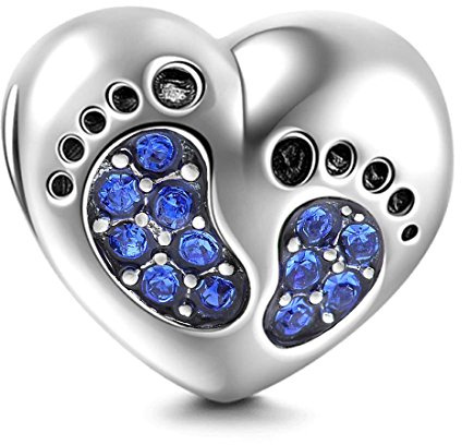 Fußabdruck-Charm, 925er-Sterlingsilber, Herz, Babyfuß-Charm, Geburtstags-Charm, Geburtsstein-Charm, Herz, Charm-Anhänger für Pandora-Charm-Armband
