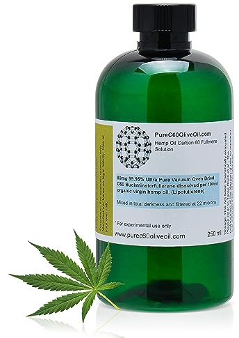PureC60OliveOil C60 Organic Hemp Seed Oil 250ml / 8.5 Fl Oz - 99.95% Carbon 60 Solvent Free 200mg - Food Grade - BUCKMINSTERFULLERENE Carbon 60 Hemp Oil - from The Leading Global Producer