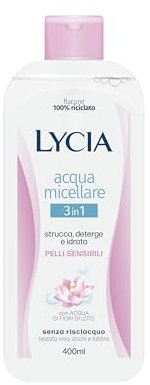 Lycia, Acqua Micellare Delicata 3 in 1 per Pelli Sensibili con Acido Ialuronico, Strucca, Deterge e Idrata per una Pelle Pulita, Morbida e Luminosa, Formula Senza Risciacquo, 400 ml