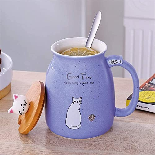 Zerodis Schöne Katze Keramik Tasse Kaffee Wasser Milch Becher Teetasse Sets mit Löffel und Deckel für Home Office Drink (Lila)