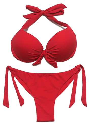 EONAR Femme Maillot de Bain Deux Pièces Halter Bikini Hauts et Brésilien Bas de Maillot (M,Red)