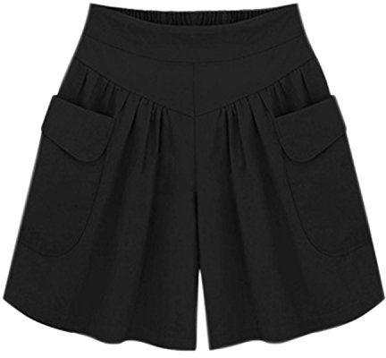 Women Summer Loose Casual Shorts Culottes Elastic Waist Wide Leg Shorts with Pockets(UK 10/Tag L) Black