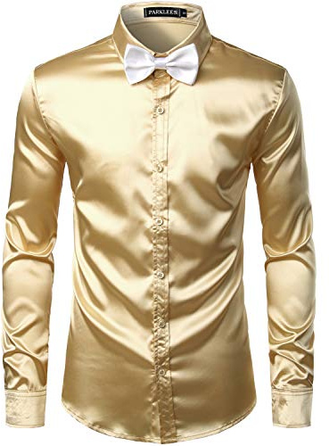 PARKLEES Camisas de vestir de satén de seda brillante para hombre, para fiesta, discoteca, baile de graduación, champán, L