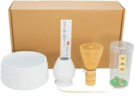 Cupplement Kit de inicio Matcha Juego de té blanco con batidor de bambú/batidor/whisk - Cuchara - Cuenco/Tazón - Soporte japonés - Regalo - Caja de almacenamiento - Sin Polvo - Caja de regalo - Juego