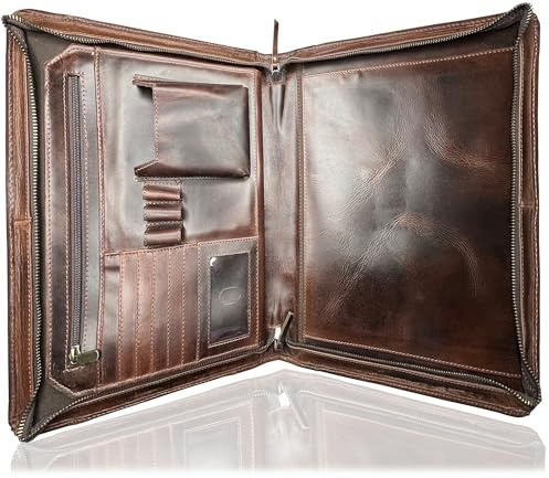 Dokumenthållare i läder A4 Portfolio Konferensmapp - Blixtlås Padfolio Organizer - Travel Business Certificate Mapp med penna och kortplatser för män och kvinnor