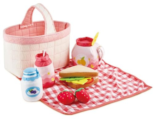 Hape Picknick-Korb – 12-teiliges Stoffspiel-Set mit Decke, Sandwich, Käse und Getränken, Rollenspielzeug, ab 18 Monaten