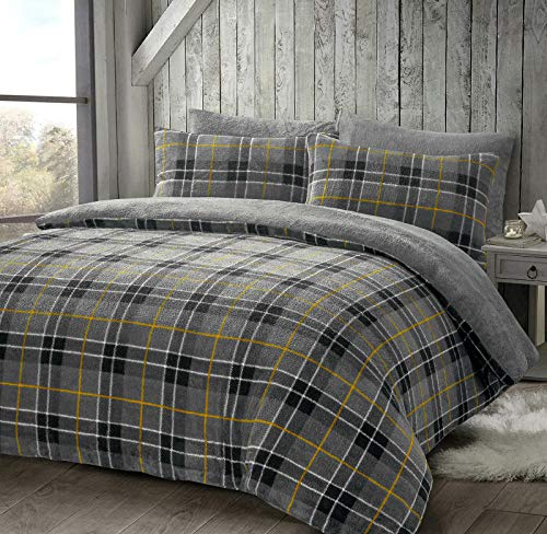 NIGHTZONE Teddy Bear Fleece Tartan Check Duvet Cover Soft Cosy Warm Checked Teddy Bear Bedding Set (Tartan Grey, King)